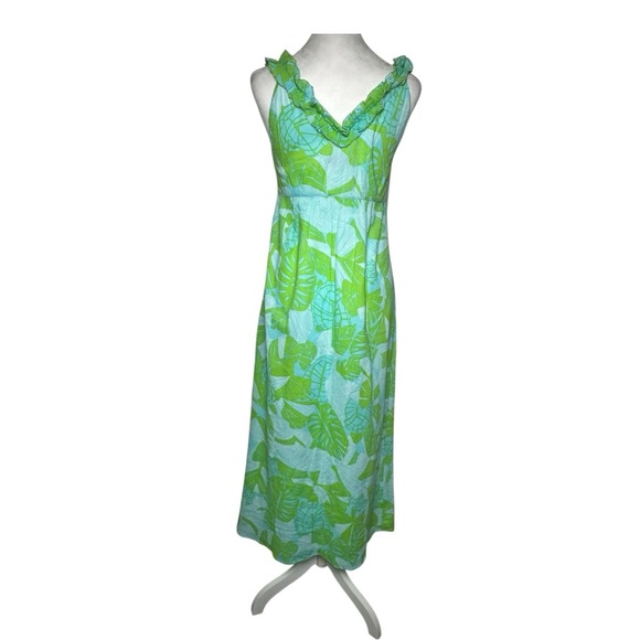 Lilly Pulitzer Women's Sleeveless Leafy Green & Turquoise Maxi Dress Size 2